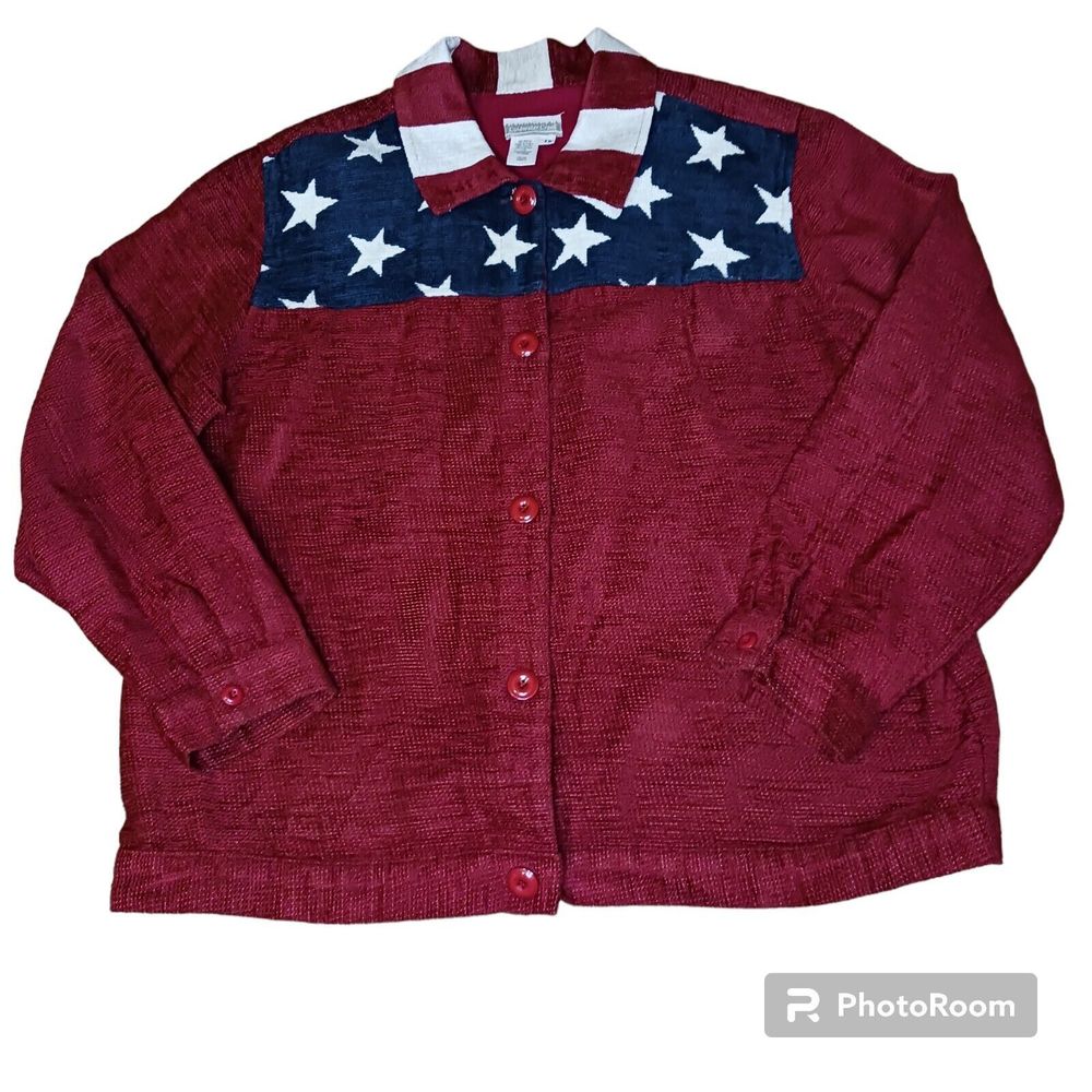 Coldwater Creek Women's 1X American Flag Jacket Chenille‎ Red Blue Stars Stripes